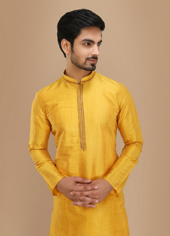 Manyawar Mustard Yellow Plain Kurta Set With Neck Detailing