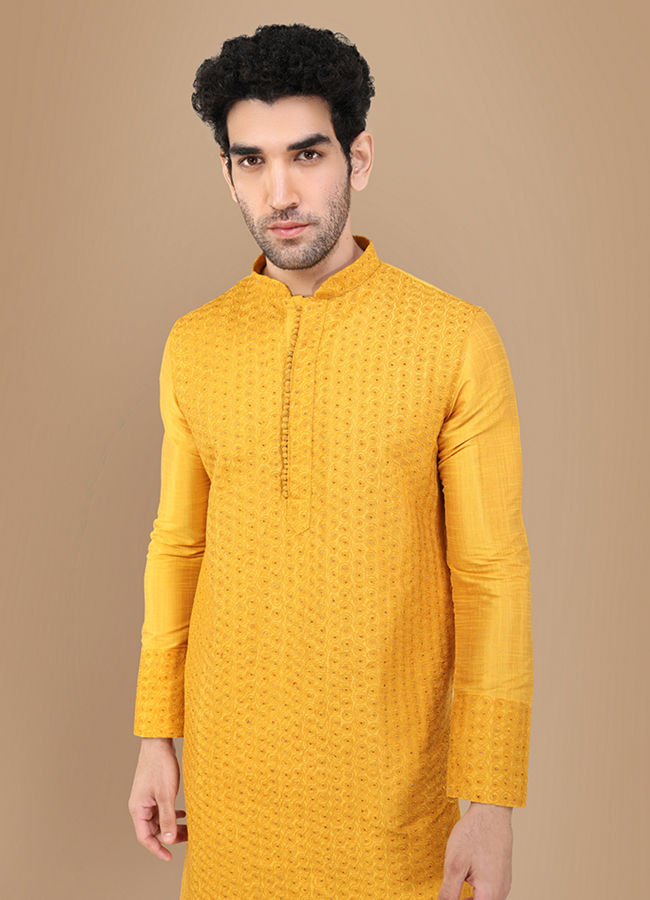 Manyawar Amber Yellow Self Design Kurta Set - India shopping