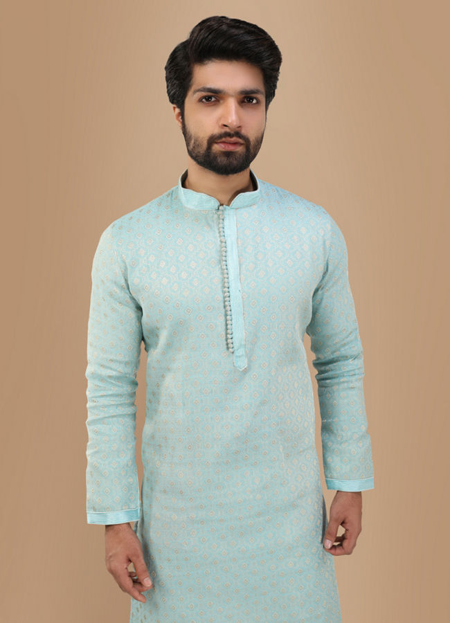 Manyawar Powder Blue Self Design Kurta Set