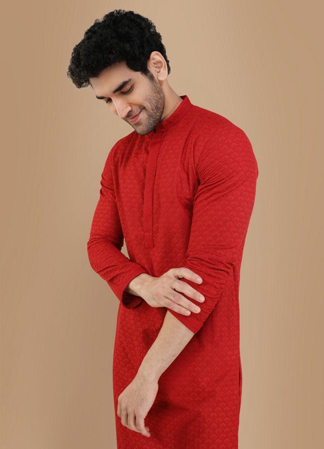 Manyawar Red Chikankari Kurta Set