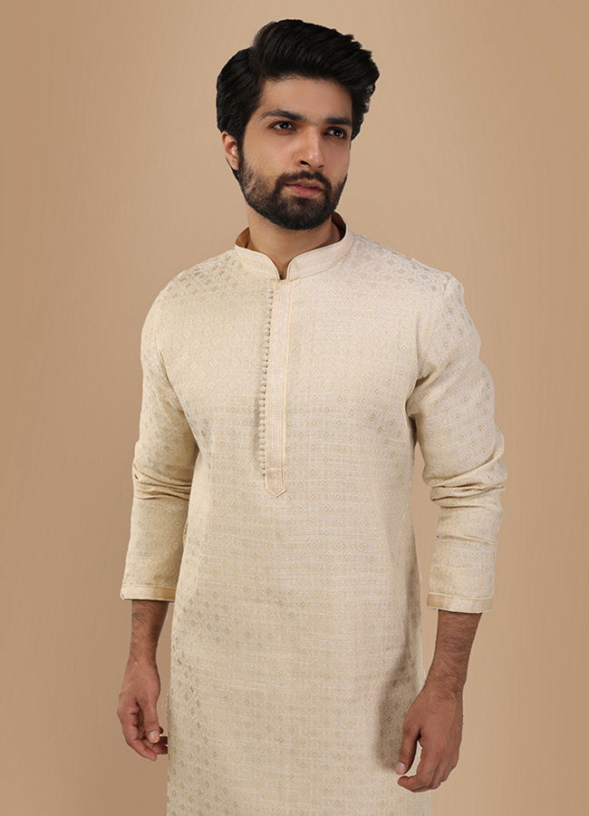 Manyawar Cream Jacquard Kurta Set