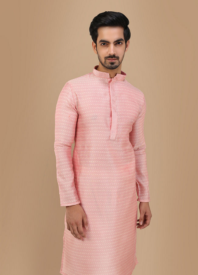 Manyawar Salmon Pink Self Texture Kurta Set