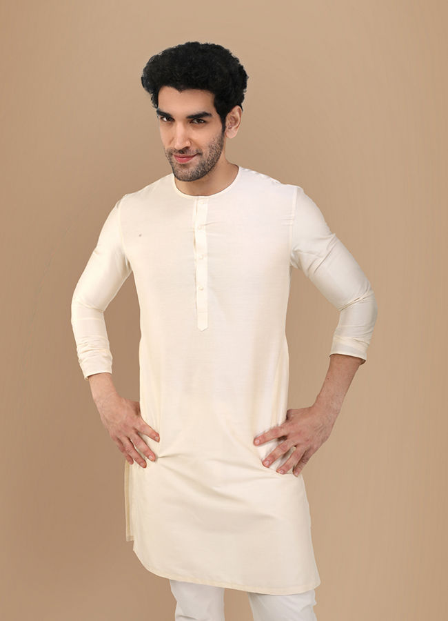 Manyawar Pearl White Solid Kurta