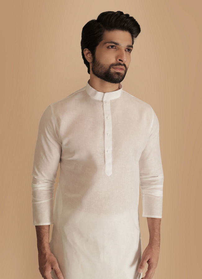 Manyawar Pearl White Solid Kurta Set