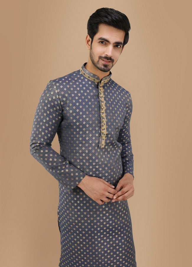 Manyawar Royal Blue Boota Work Kurta Set