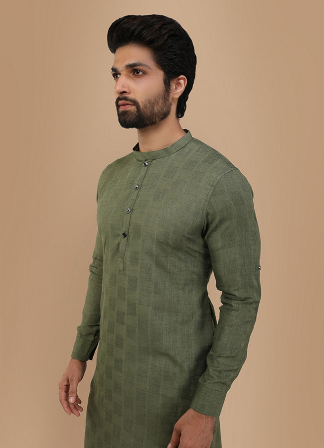 Manyawar Olive Green Self Chequered Kurta