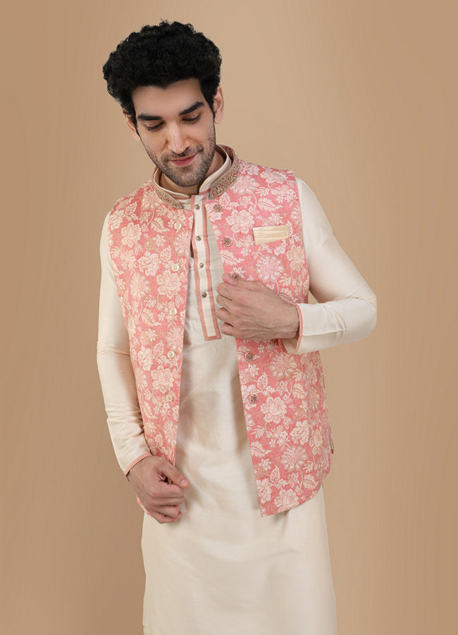 Manyawar Peach And Cream Festive Kurta Jacket With Floral Detailing