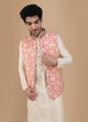 Manyawar Peach And Cream Festive Kurta Jacket With Floral Detailing