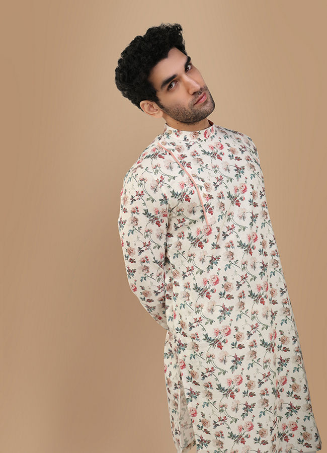 Manyawar Off White Side Open Floral Print Kurta