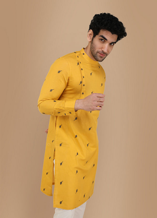 Manyawar Mustard Yellow Thread Embroidered Kurta