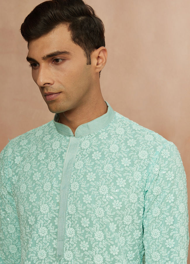 Manyawar Seafoam Green Chikankari Kurta Pajama