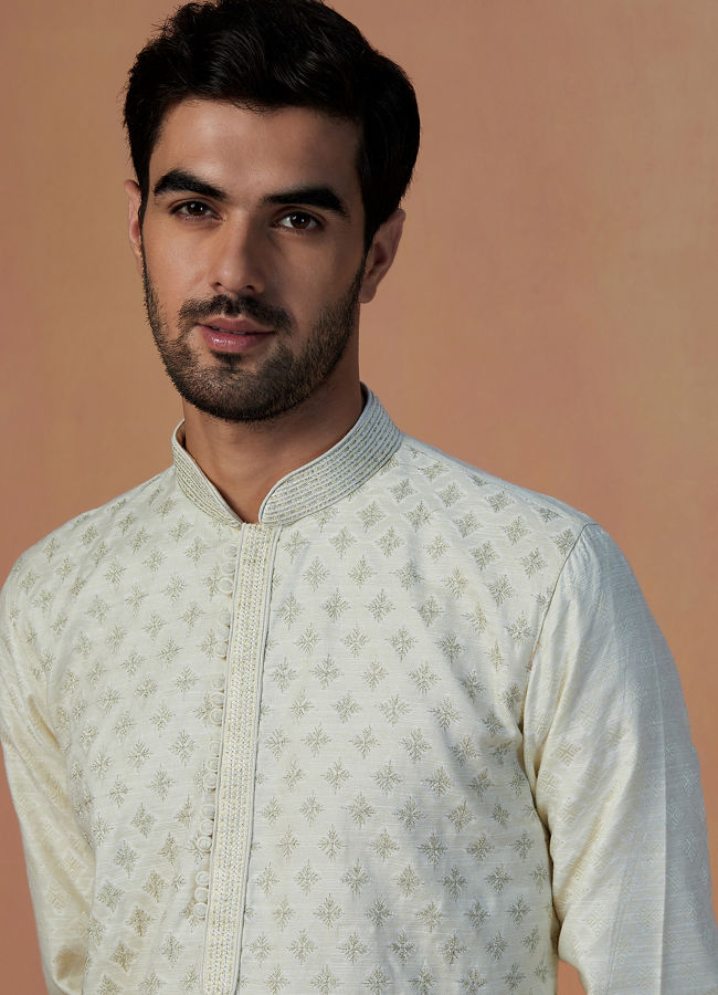 Manyawar White Self Design Kurta Pajama