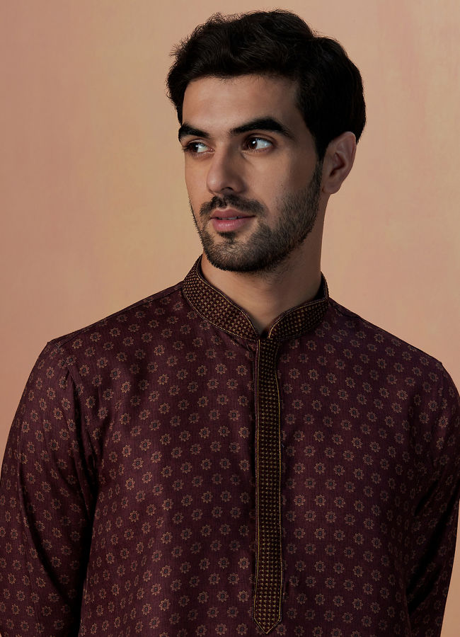 Manyawar Wine Floral Print Kurta Set