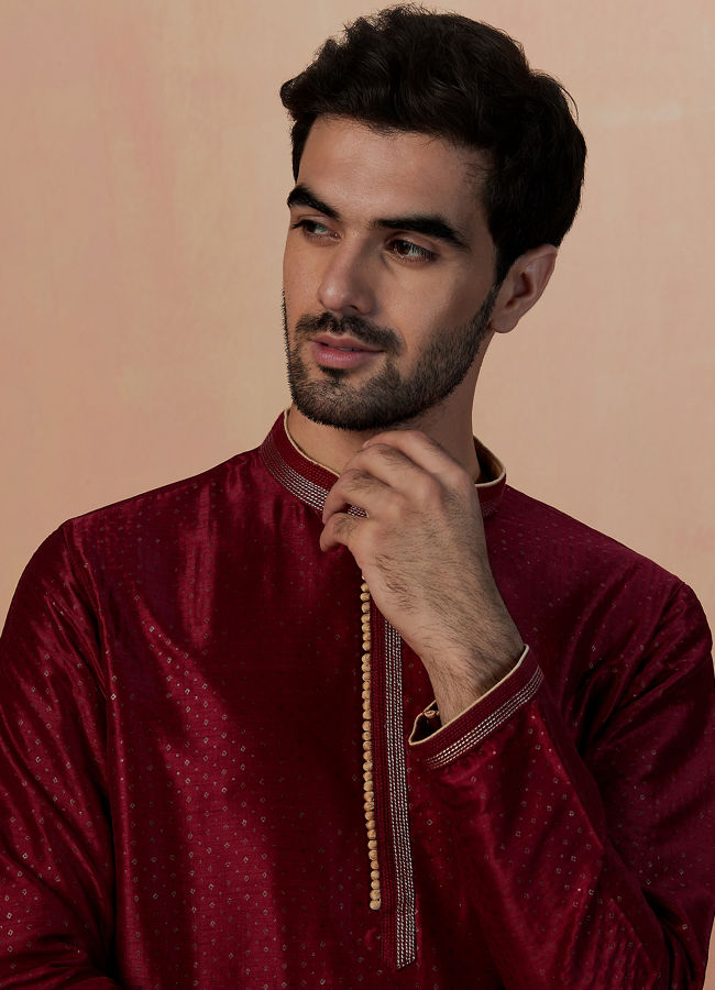 Manyawar Maroon Golden Booti Kurta Pajama