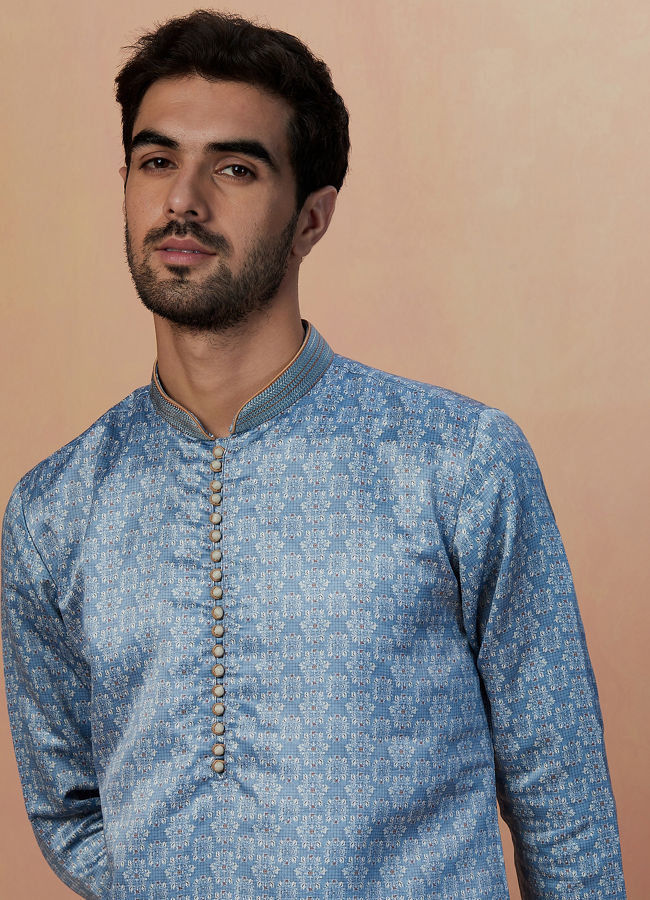 Manyawar Sky Blue Printed Kurta Set