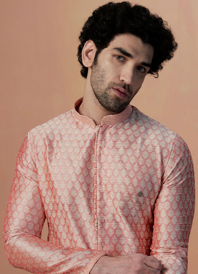 Manyawar Pink Self Design Kurta Pajama