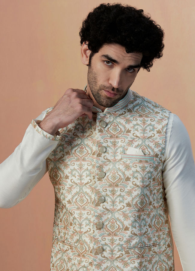 Manyawar Light Cream Self Design Kurta Jacket Set