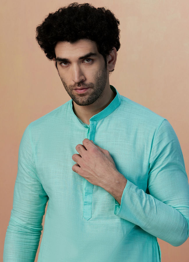 Manyawar Sea Green Plain Kurta Pajama