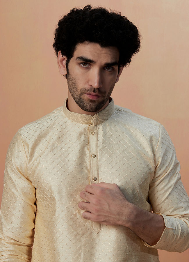 Manyawar Light Cream Embroidered Kurta Set