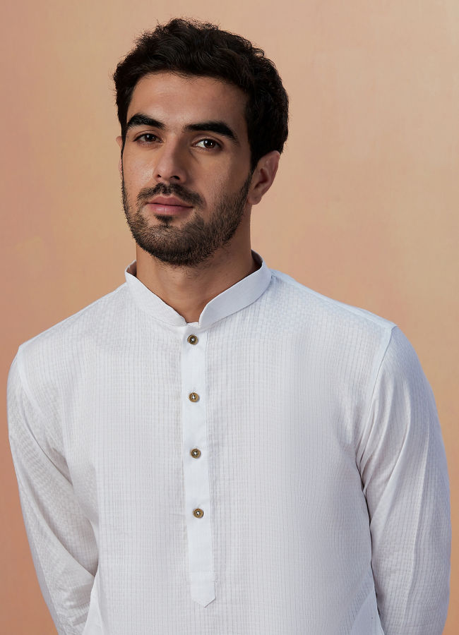 Manyawar White Self Striped Kurta Pajama