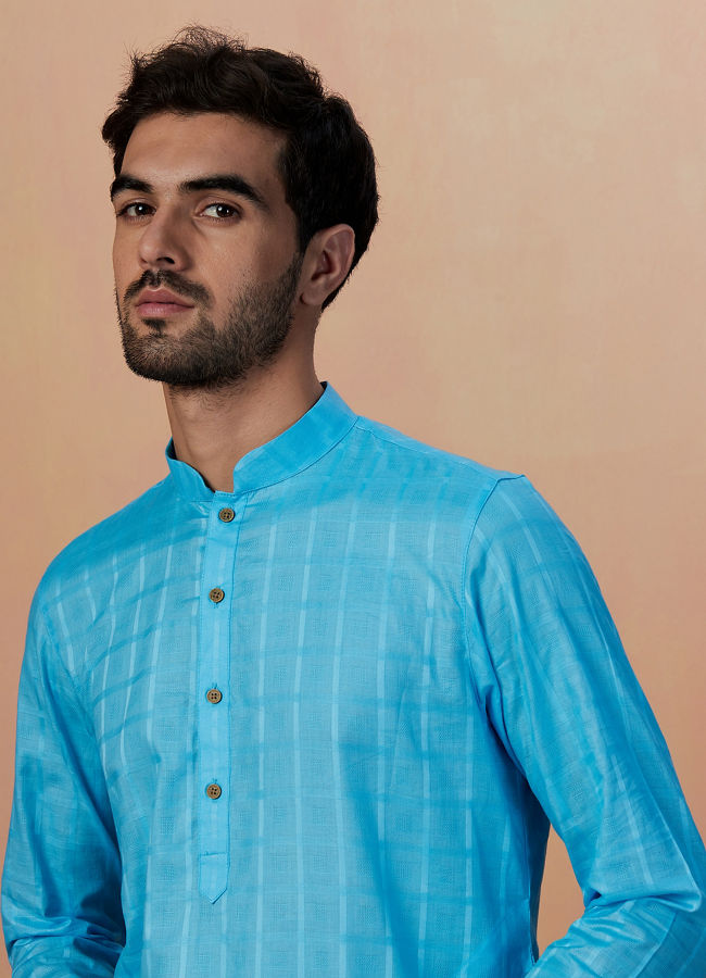 Manyawar Sky Blue Self Chequered Kurta Pajama