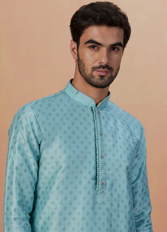 Manyawar Sea Green Kurta Pajama With Golden Motifs - India shopping