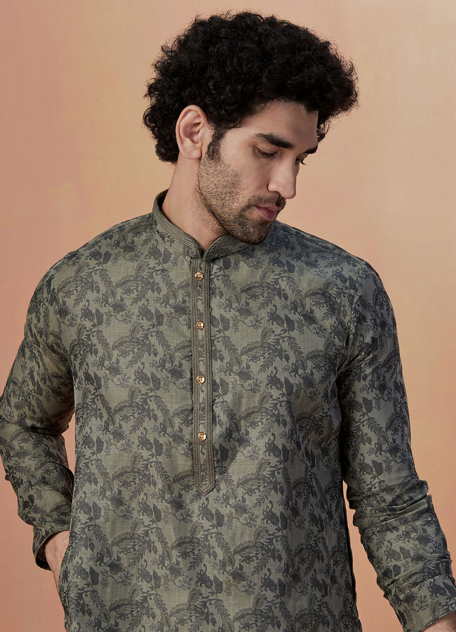 Manyawar Smoke Grey Printed Kurta Pajama - India shopping