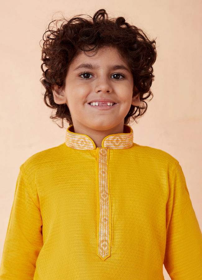 Manyavar-Boys-Yellow-Self-Design-Kurta-Set