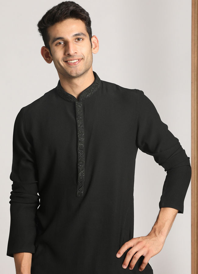 Manyawar Black Solid Minimalist Kurta Pajama