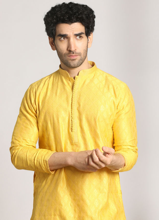 Manyawar Canary Yellow Self Design Kurta Pajama