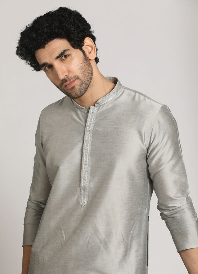 Manyawar Cloud Grey Solid Kurta Pajama