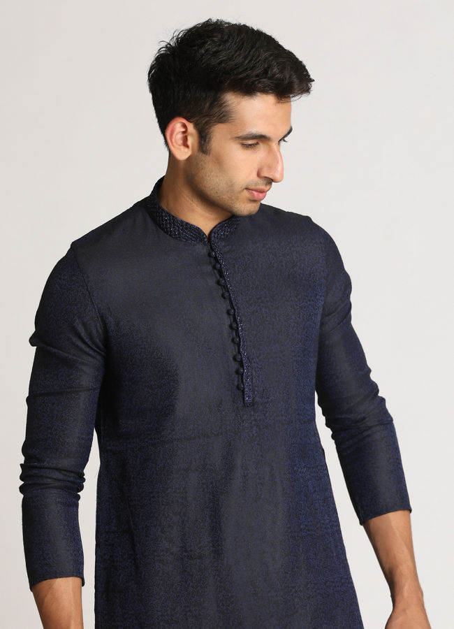 Manyawar Navy Blue Self Design Kurta Set