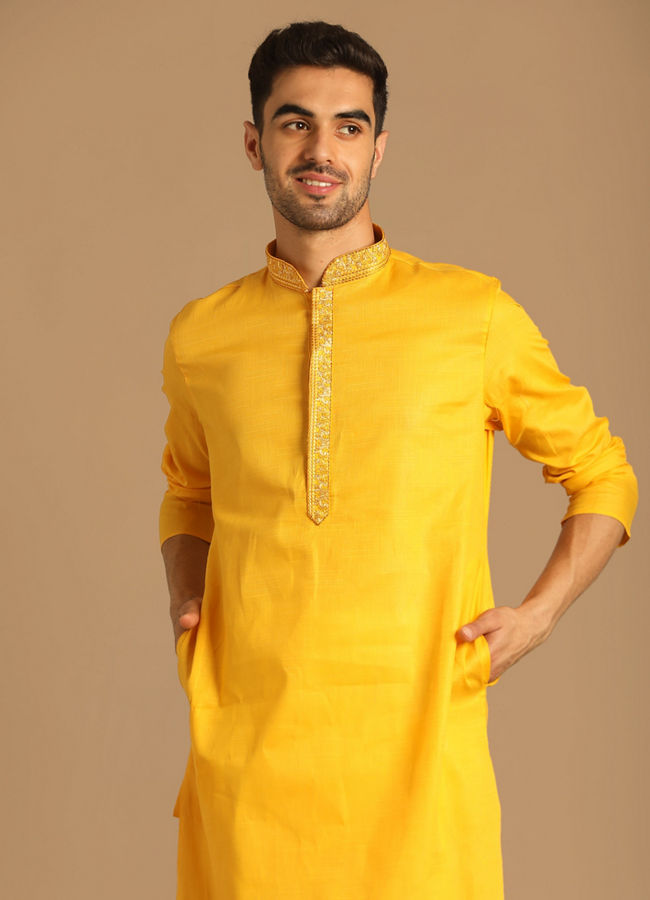 Manyawar Contemporary Yellow Kurta Pajama - India shopping