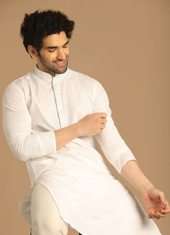 Manyawar Cotton Blend White Kurta Pajama