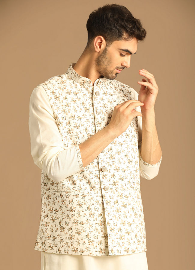 Manyawar Sea Shell White Kurta Jacket With Floral Work