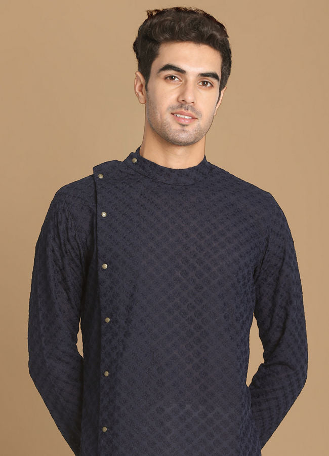 Manyawar Navy Blue Side Open Chikankari Kurta Set