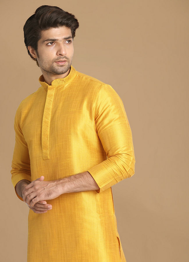 Manyawar Golden Yellow Solid Kurta Set