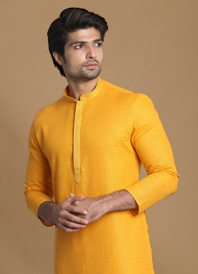 Manyawar Mustard Yellow Solid Kurta Pajama - India shopping