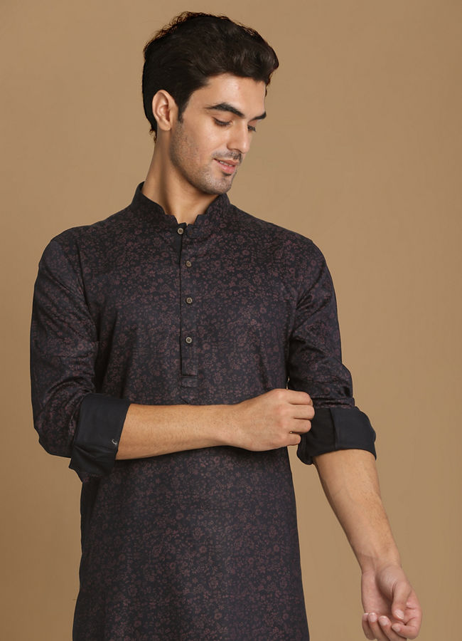 Manyawar Floral Printed Blue Kurta