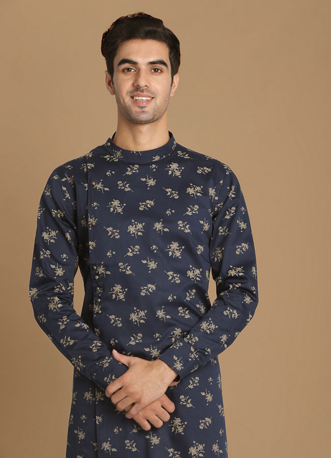 Manyawar Blue Floral Side Open Kurta