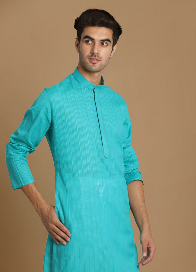 Manyawar Turquoise Green Self Striped Kurta Set