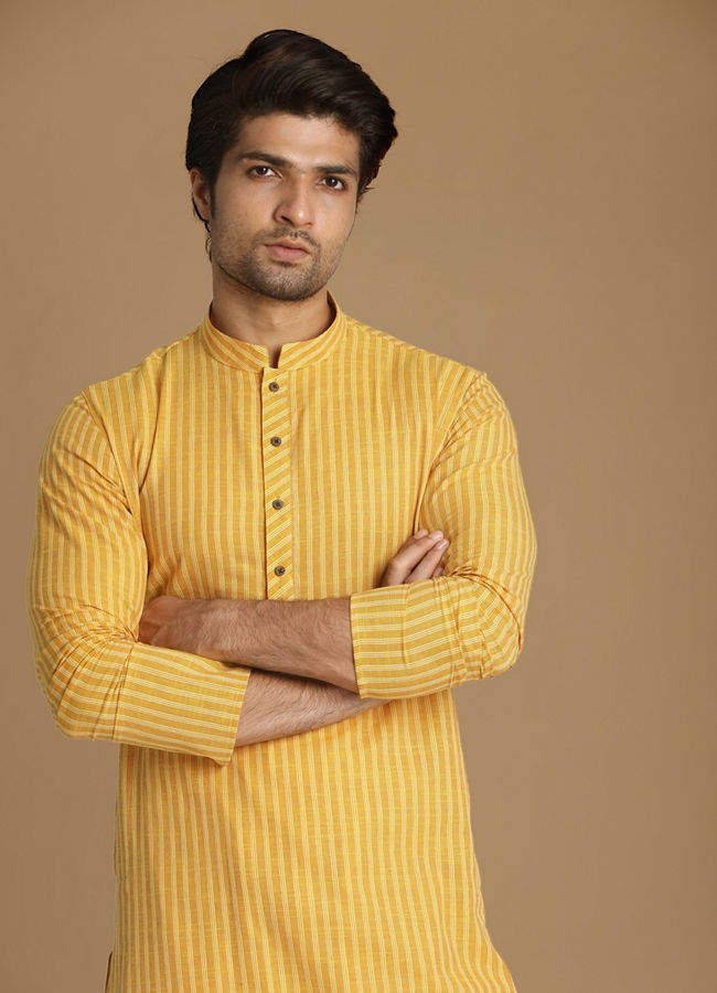 Manyawar Light Yellow Self Striped Kurta