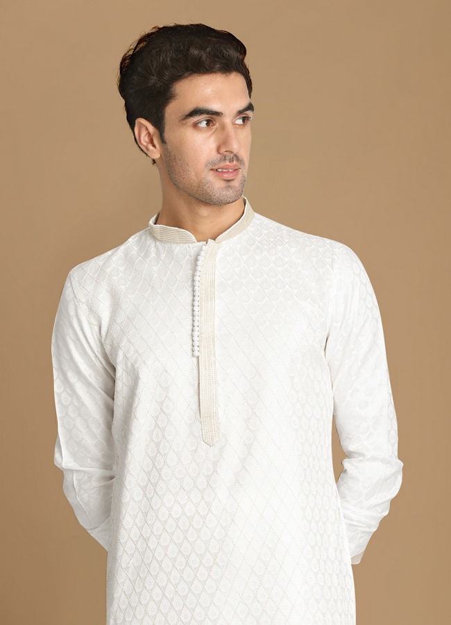 Manyawar White Self Design Kurta Set