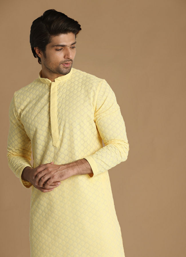 Manyawar Light Yellow Chikankari Kurta Pajama