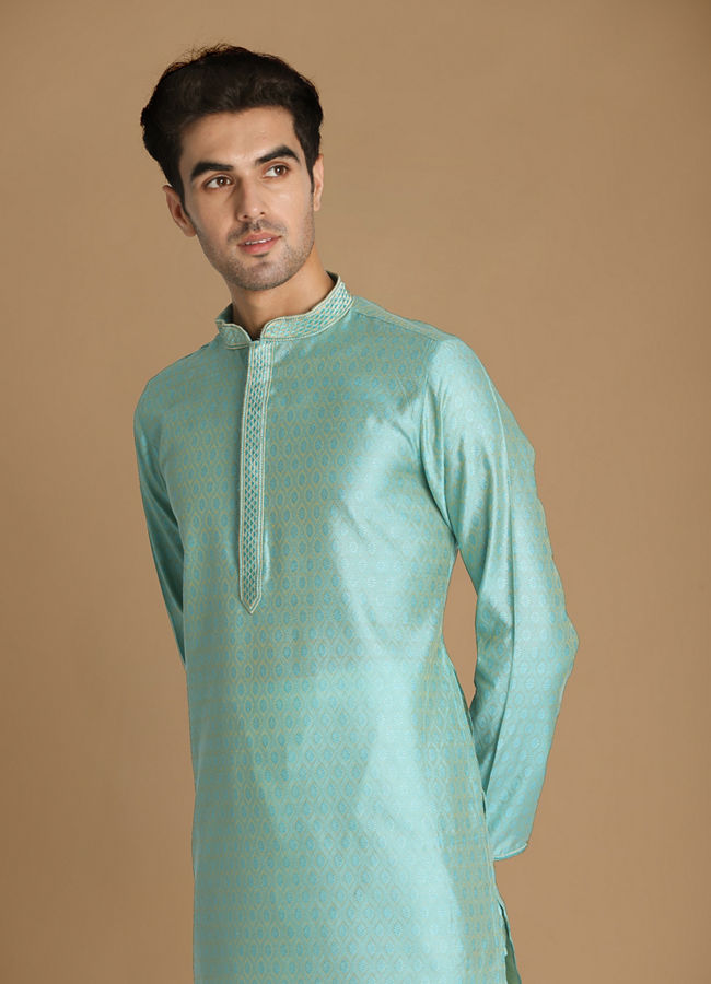 Manyawar Pastel Blue Self Design Kurta Pajama - India shopping