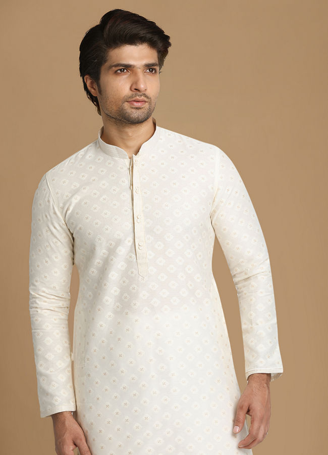 Manyawar Off White Self Motif Kurta Set