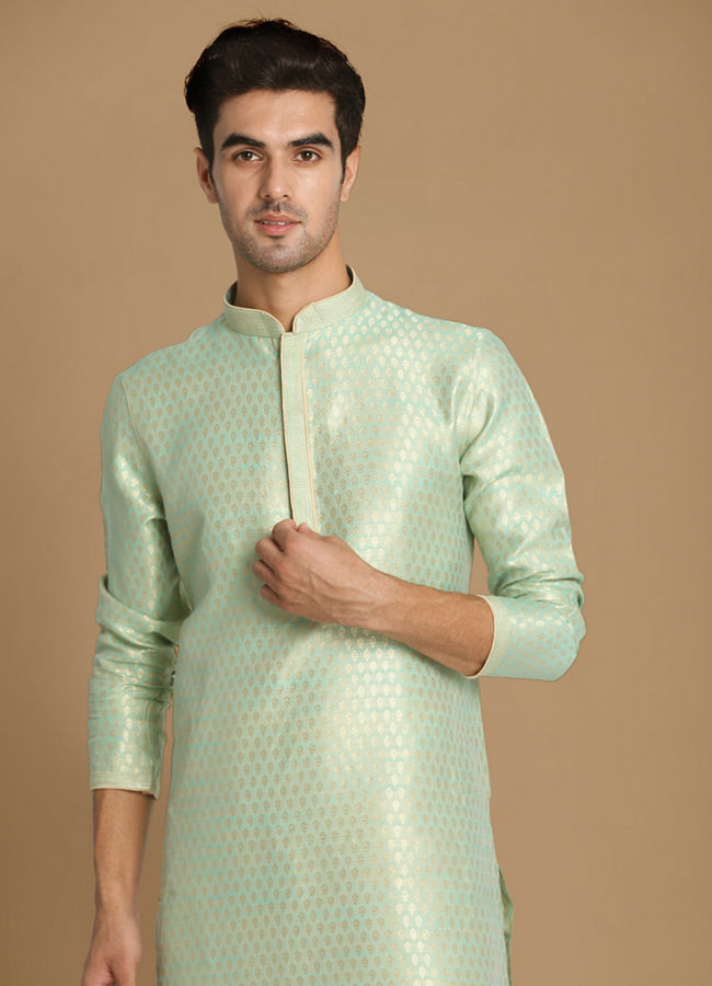 Manyawar Light Green Jacquard Kurta Set - India shopping