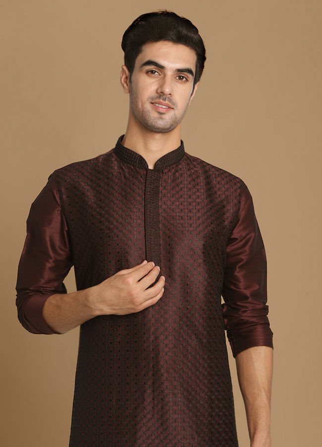 Manyawar Wine Self Design Kurta With Black Churidar - India shopping