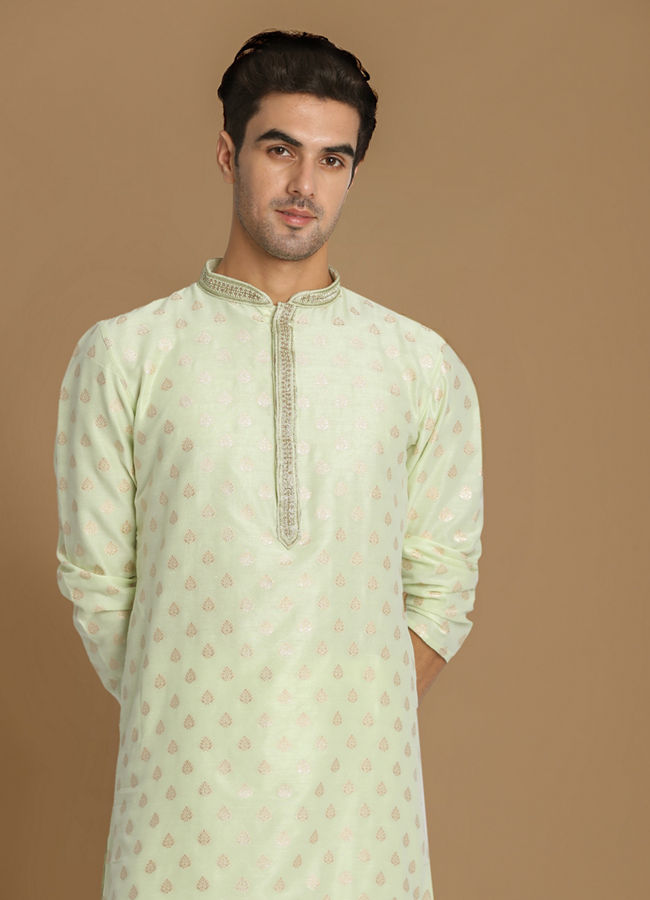 Manyawar Pastel Green Self Leaf Motif Kurta Set