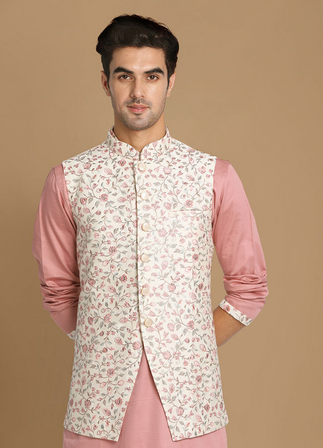 Manyawar Cream And Pink Kurta Jacket Set